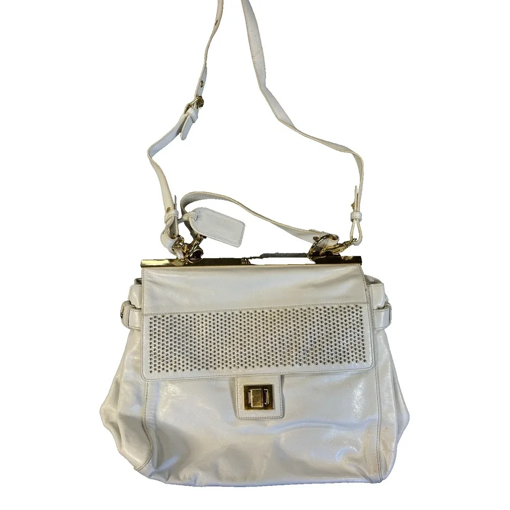 Badgley Mischka Vintage White Leather Shoulder Bag Y2K Indie Sleek Studded